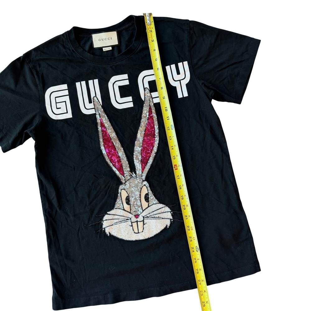 Gucci x Looney Tunes Bugs Bunny Guccy Sequin Logo Black T-Shirt Size M Italy - Picture 7 of 11